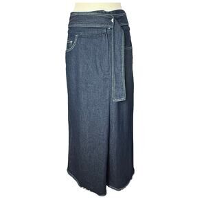 Adolfo Dominguez Denim Maxi Skirt Asymmetrical Belt Button Closure Dark Size 2